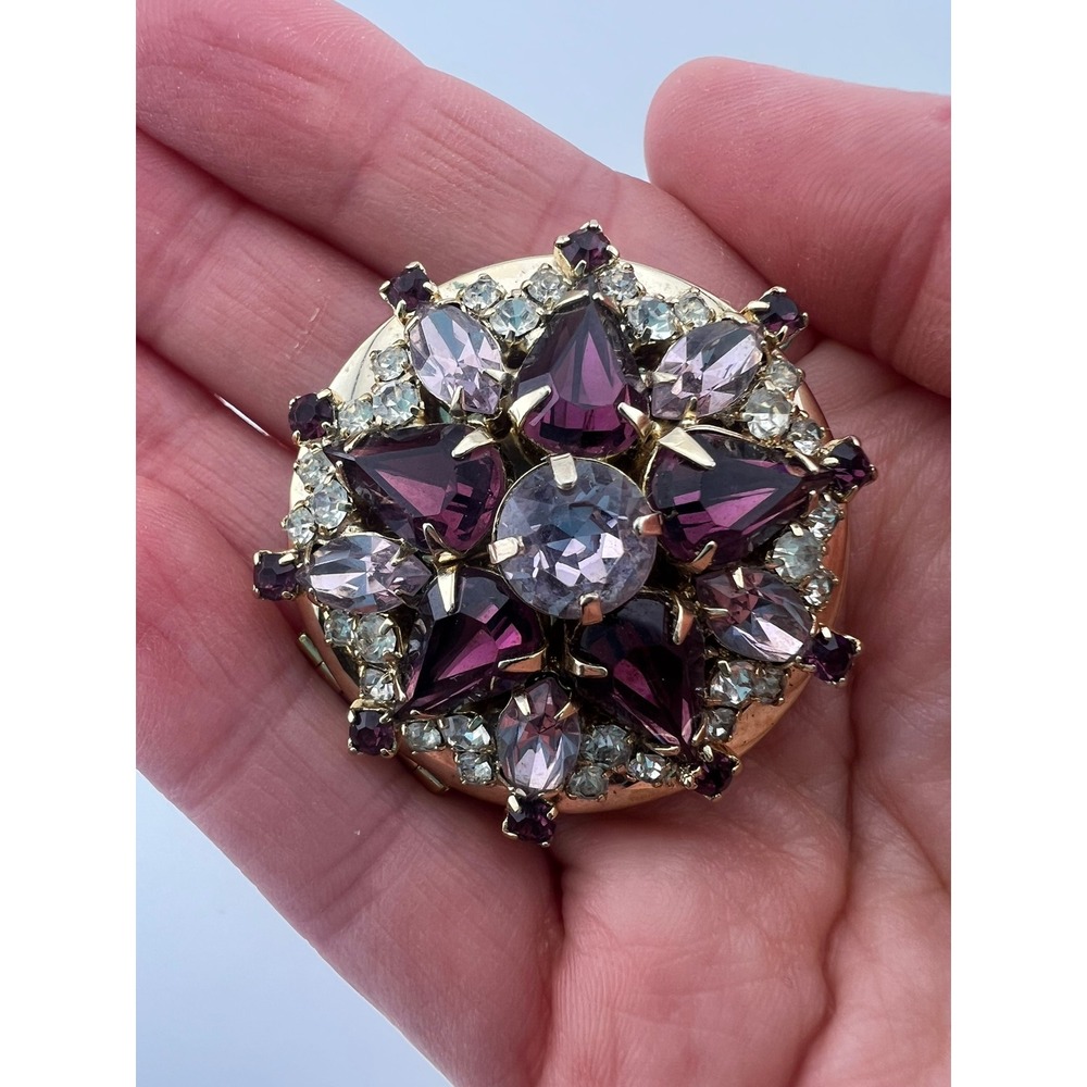 Purple Lavender Rhinestone Photo Keeper Locket Pendant Gold Tone 2 Inch